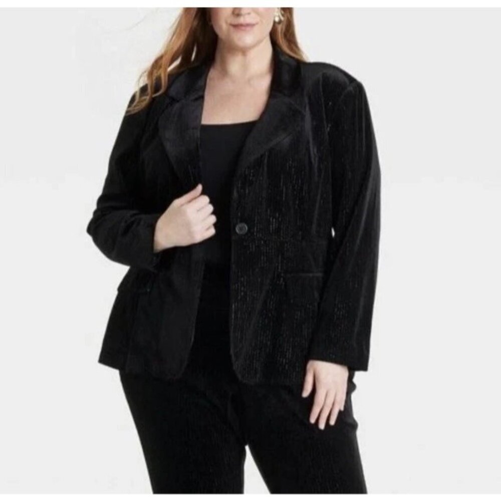 NEW Ava & Viv Women’s XXL Velvet Blazer Metallic Black Pinstripe i1603